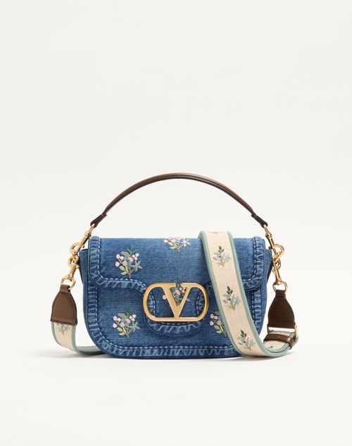Valentino Garavani - Valentino Garavani Alltime Medium Shoulder Bag In Embroidered Denim With Embroidered Ribbon Strap - Denim - Woman - Shoulder Bags